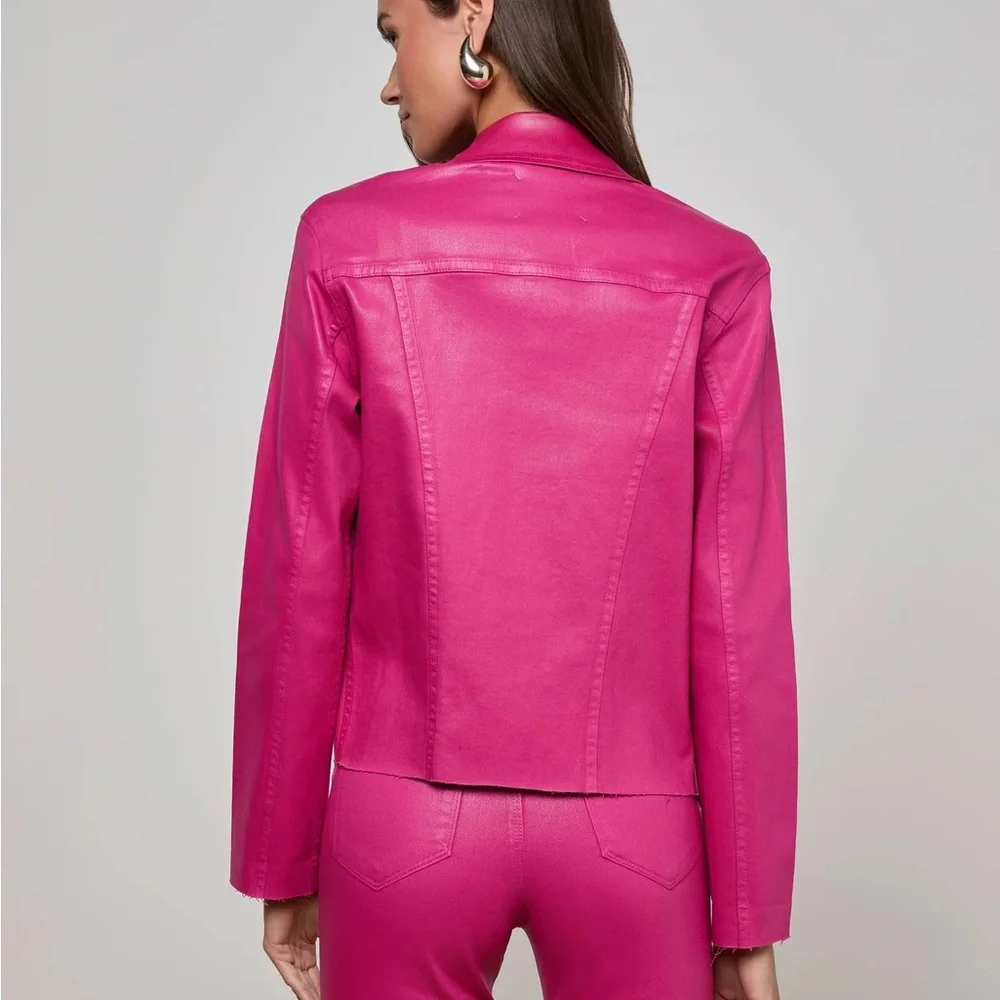 $410 NWT L’Agence Sz Large Janelle Coated Jean Jacket in Hot Neon Barbie Pink